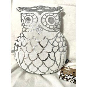 NEW THRO by Marlo Lorenz MARVIN Silver Sequin White Owl Throw Decorative Pillow